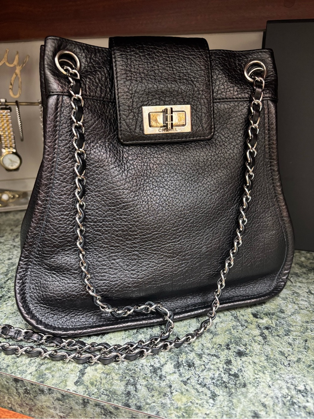 Vintage Chanel! Black Mademoiselle Lock Accordion Shoulder Bag Leather reissue.